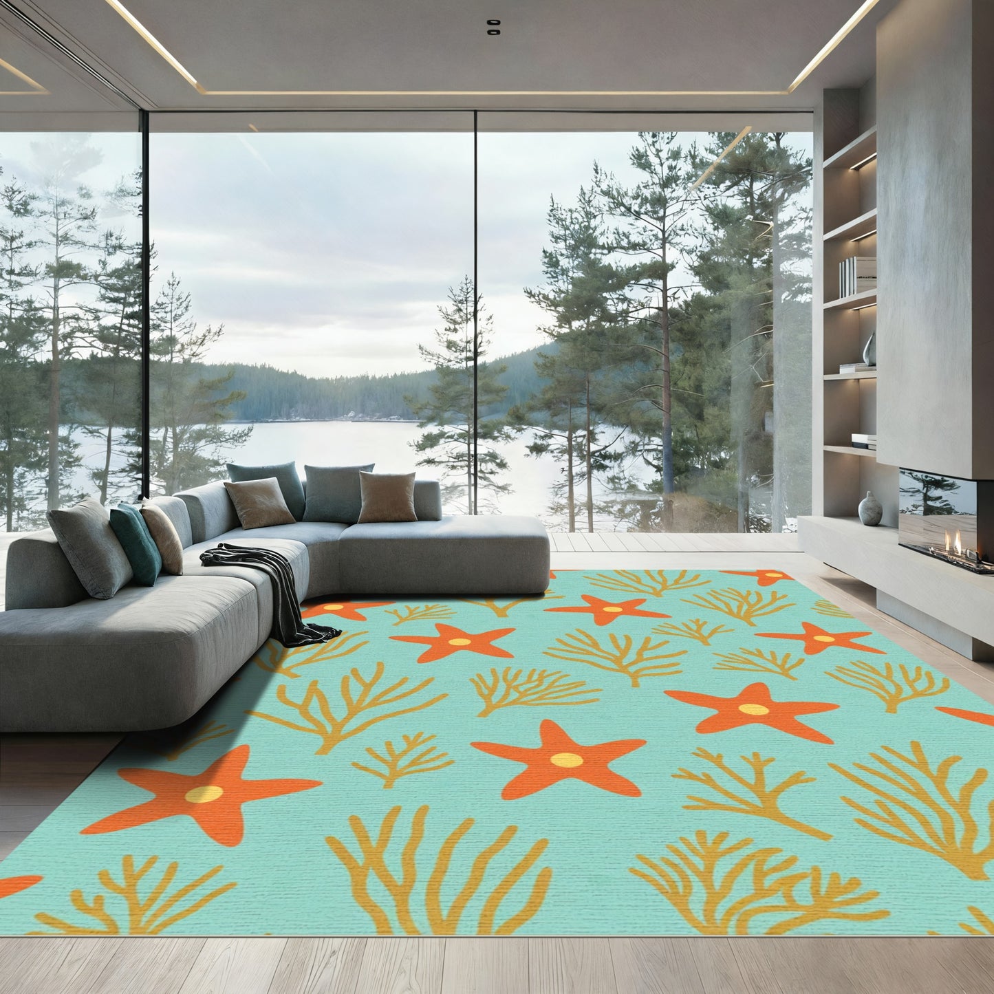 Orange Starfish Aquatic Coral Pattern Rug