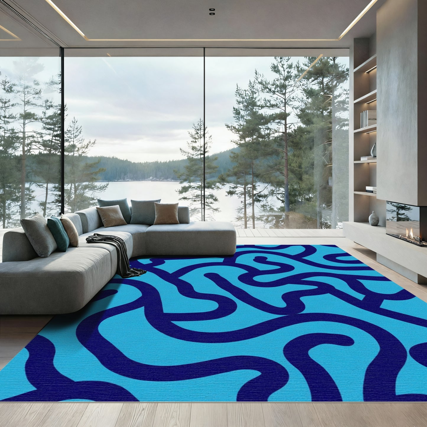 Deep Blue Abstract Organic Swirl Rug
