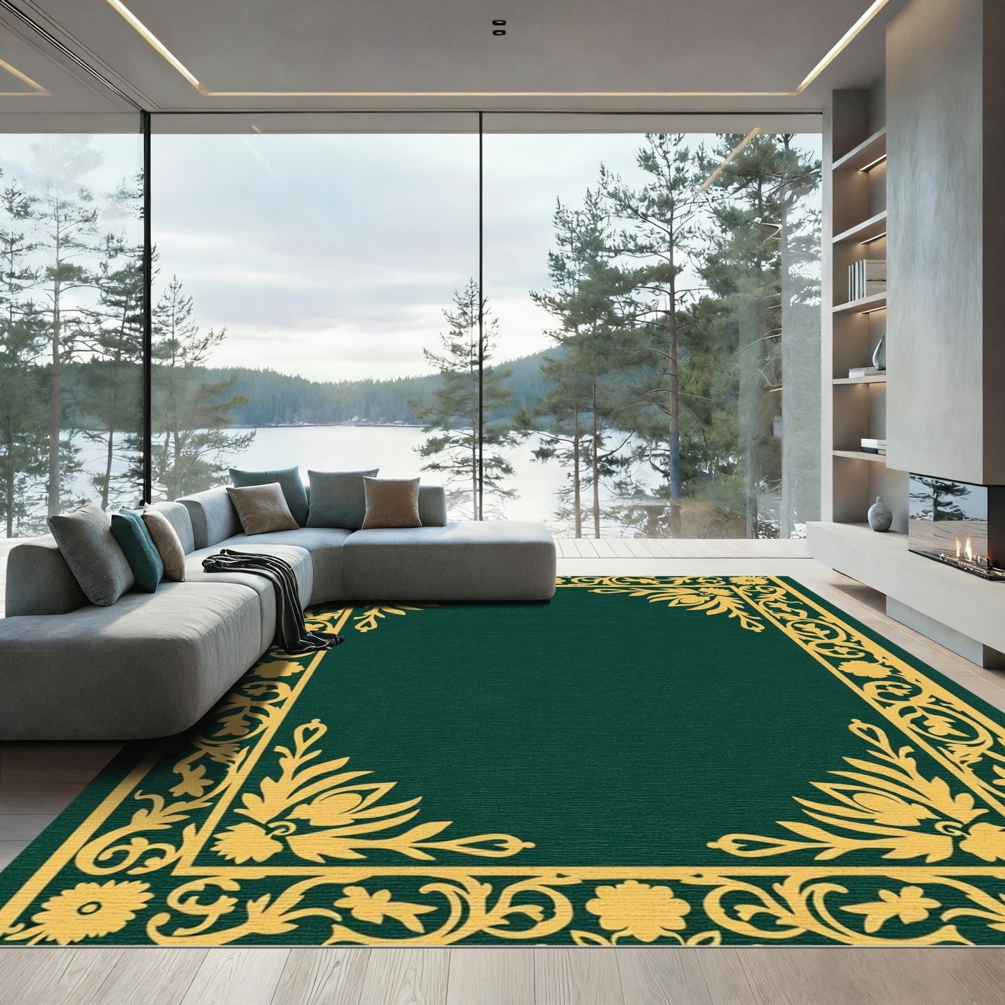 Ornate Gold Floral Border Rug