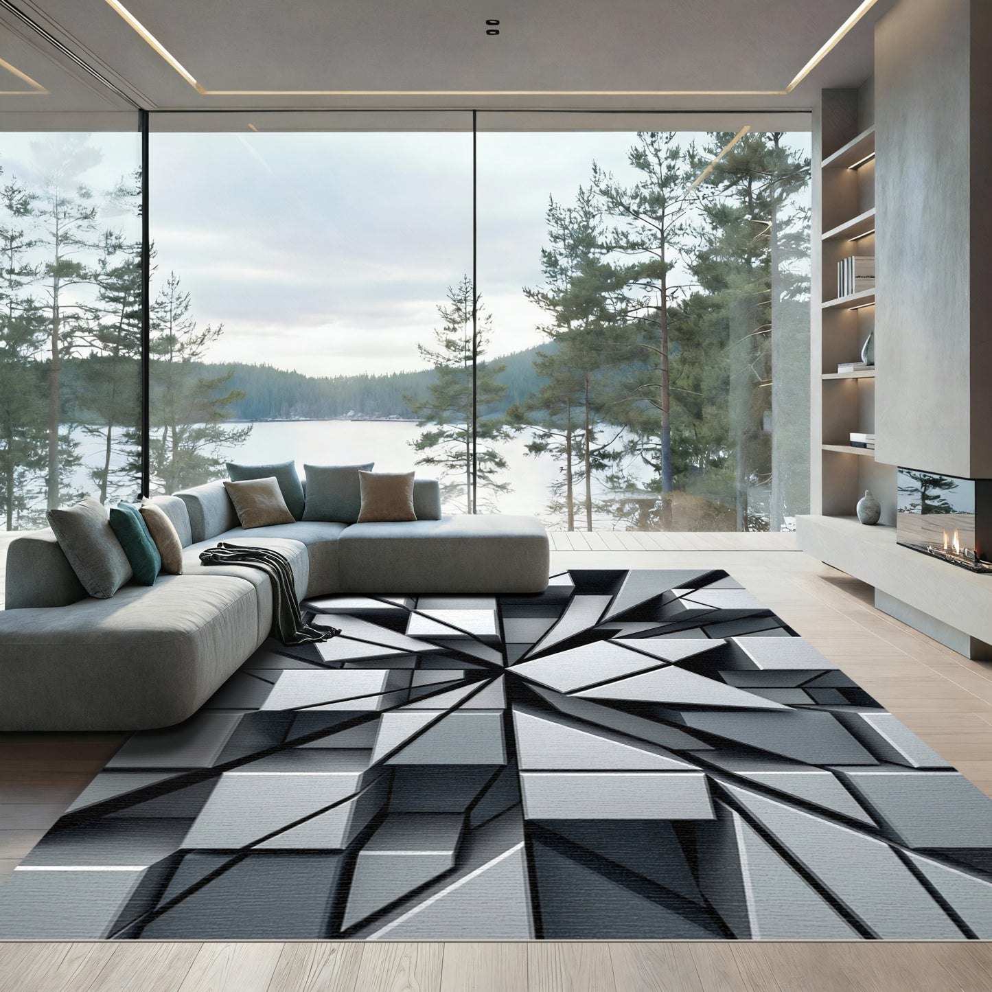 Monochrome Geometric Three Dimensional Abstract Cube Rug