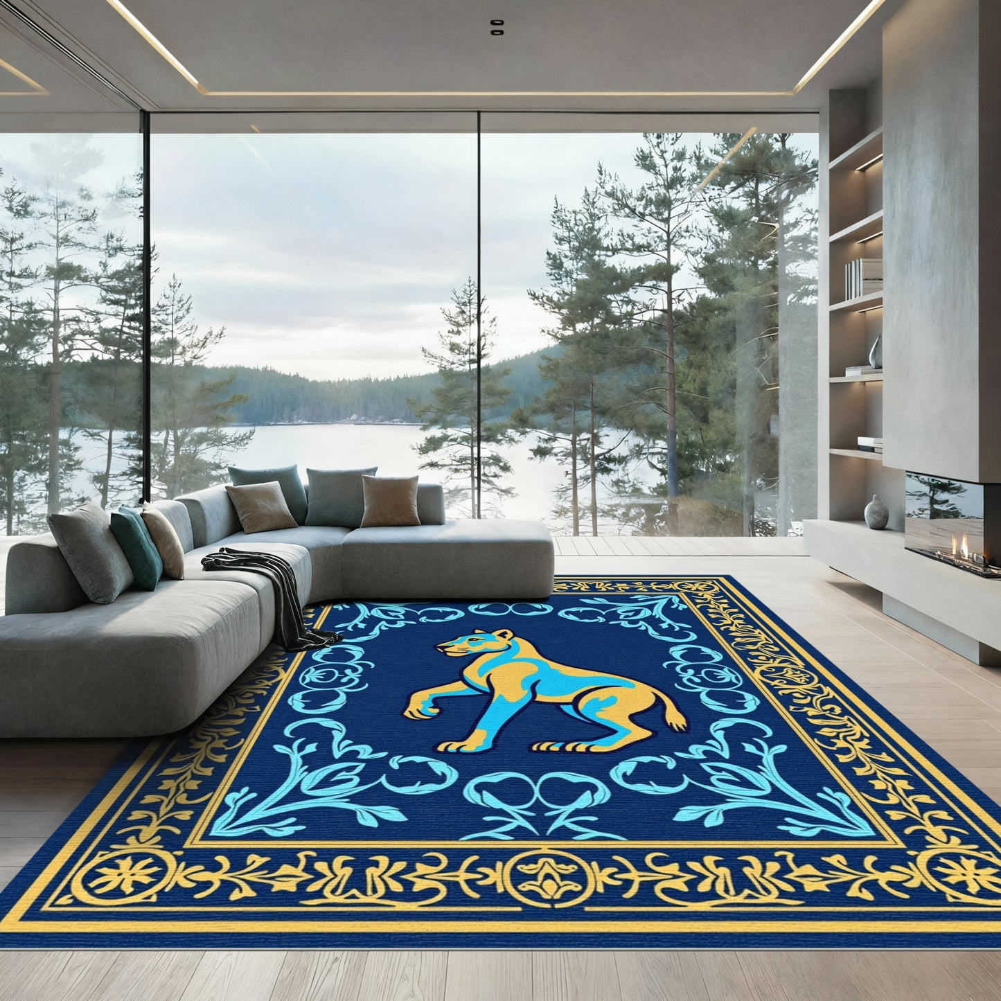 Majestic Golden Lion Blue Border Rug