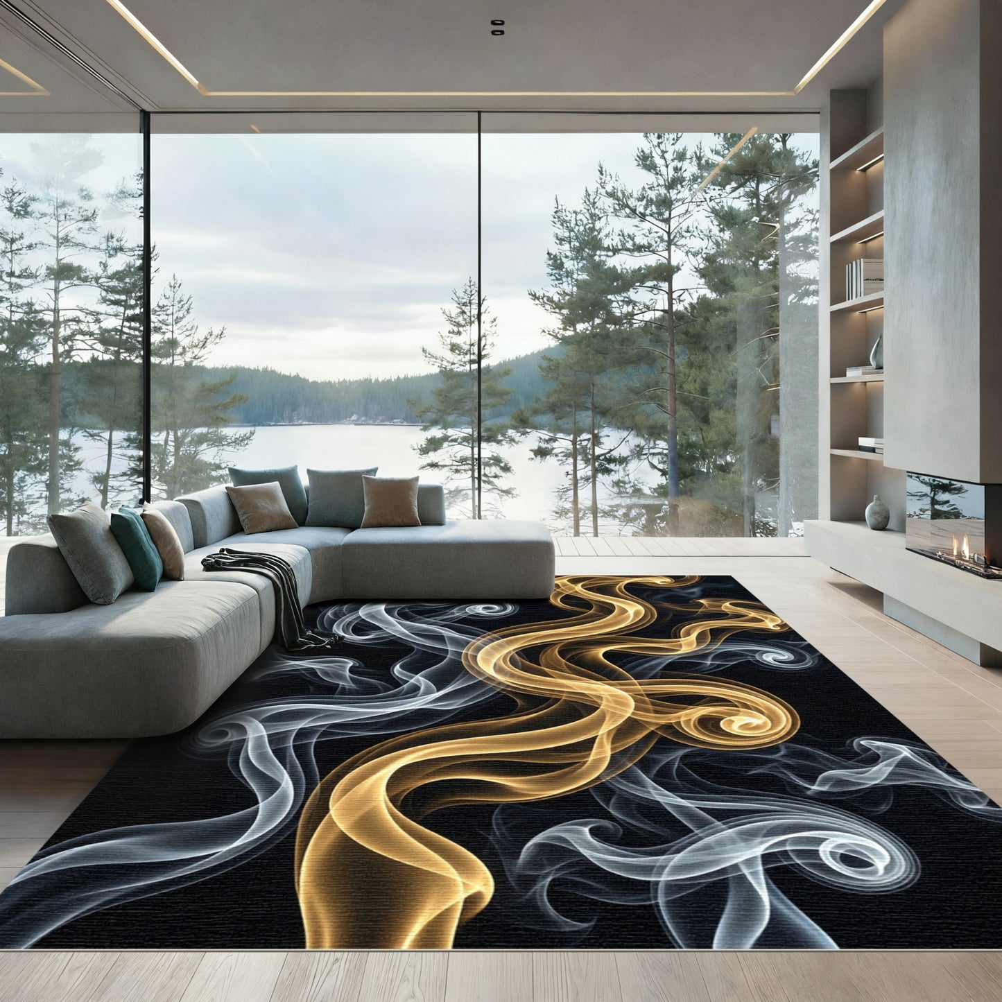 Fluid Gold and Silver Abstract Swirl Rug