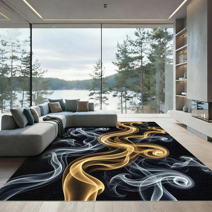 Fluid Gold and Silver Abstract Swirl Rug