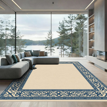 Dark Blue Floral Border Contemporary Rug
