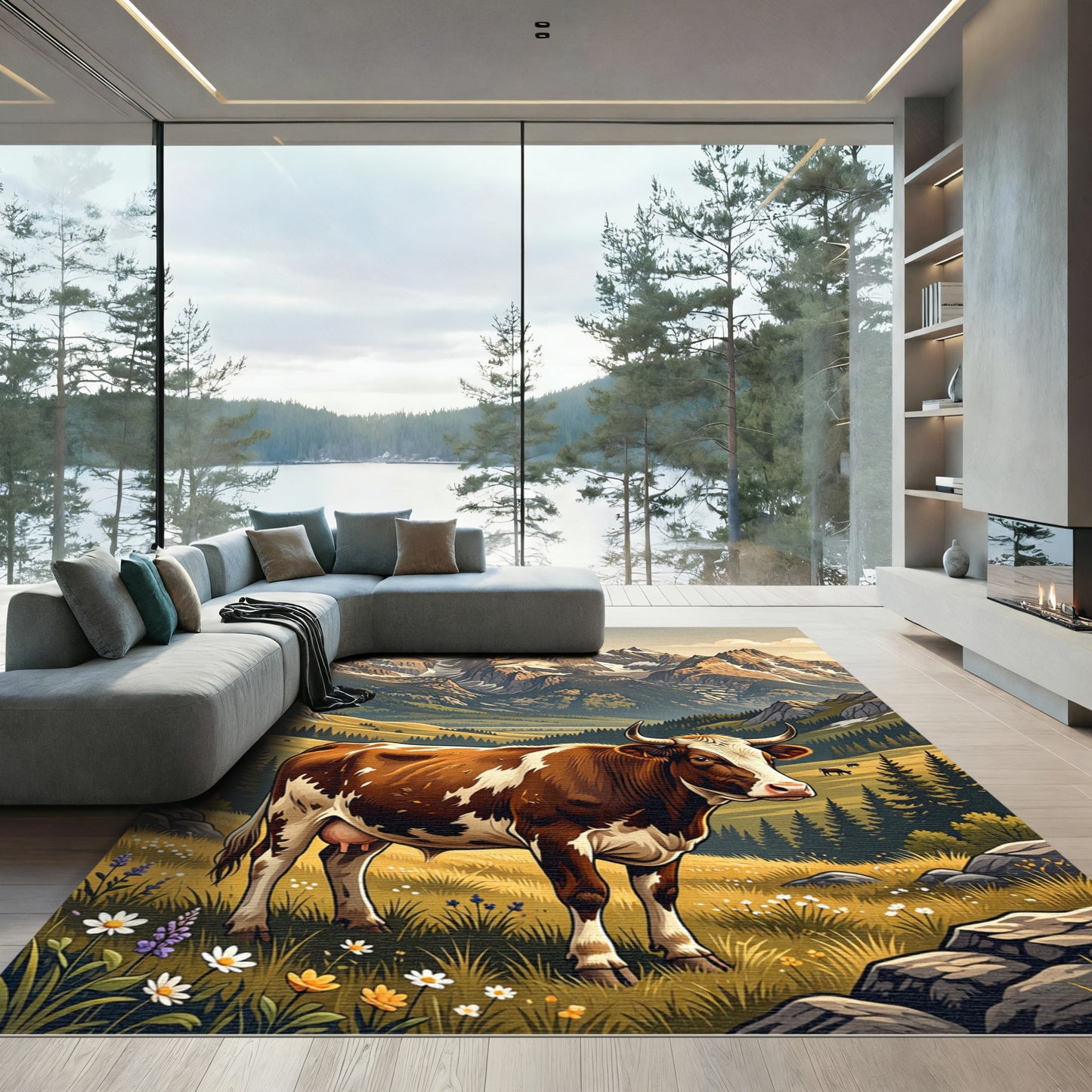 Majestic Alpine Cow Mountain Meadow Landscape Rug