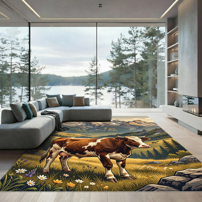 Majestic Alpine Cow Mountain Meadow Landscape Rug