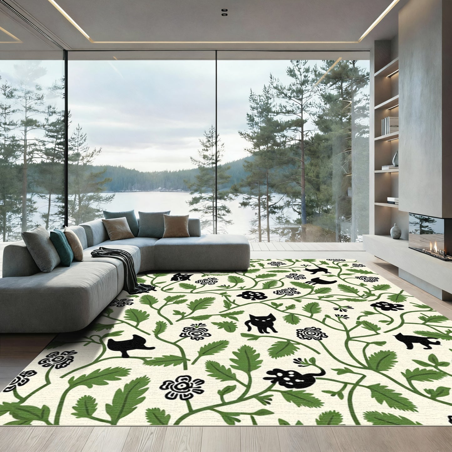 Black Cats Green Vines Floral Garden Rug