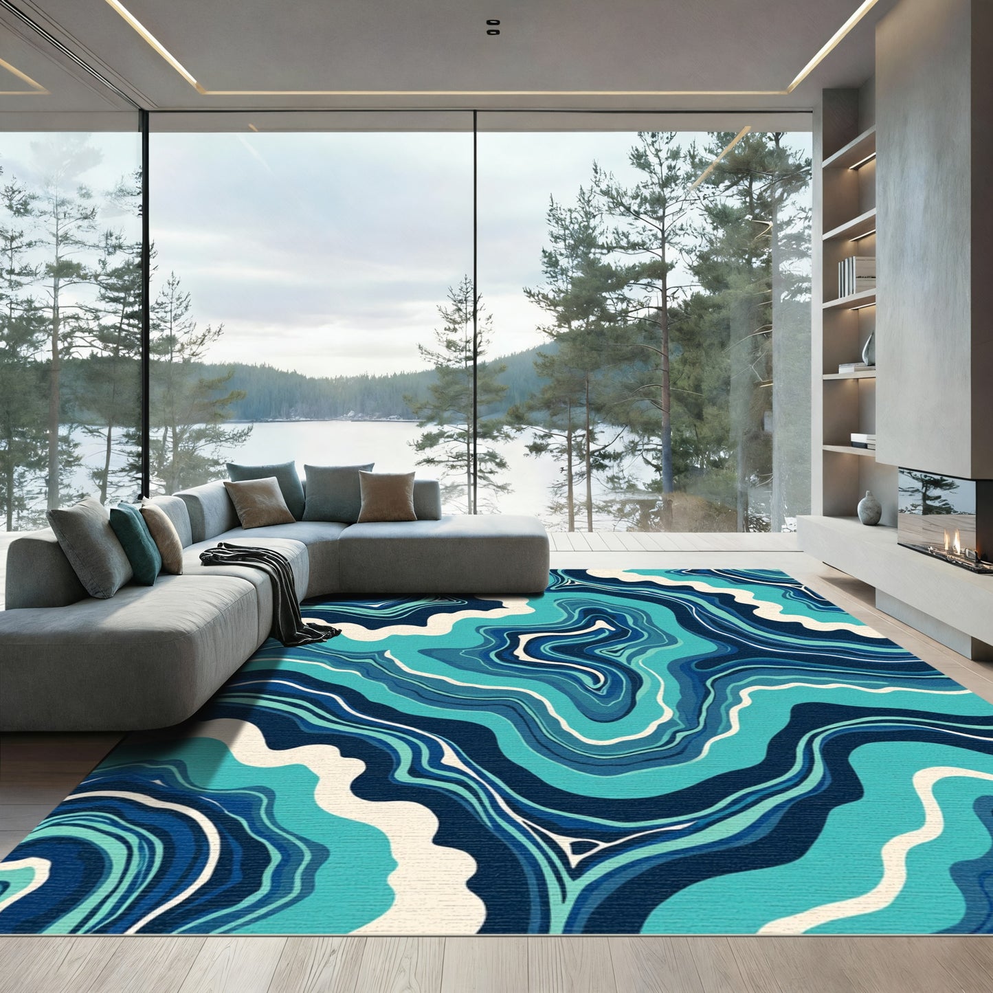 Oceanic Marbled Swirl Abstract Rug