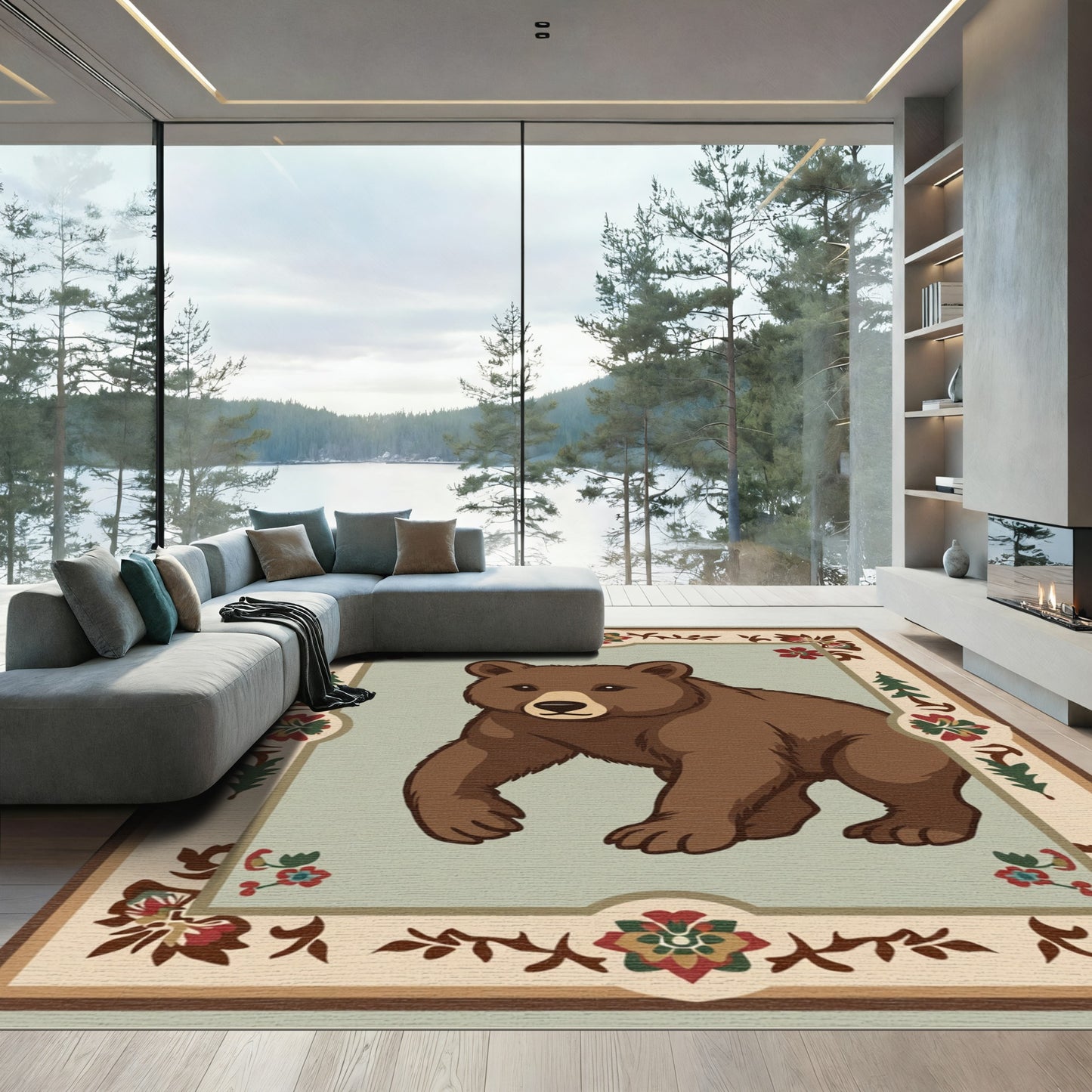 Rustic Brown Bear Floral Border Rug