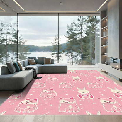 Pink Cute Fox Rabbit Star Pattern Rug