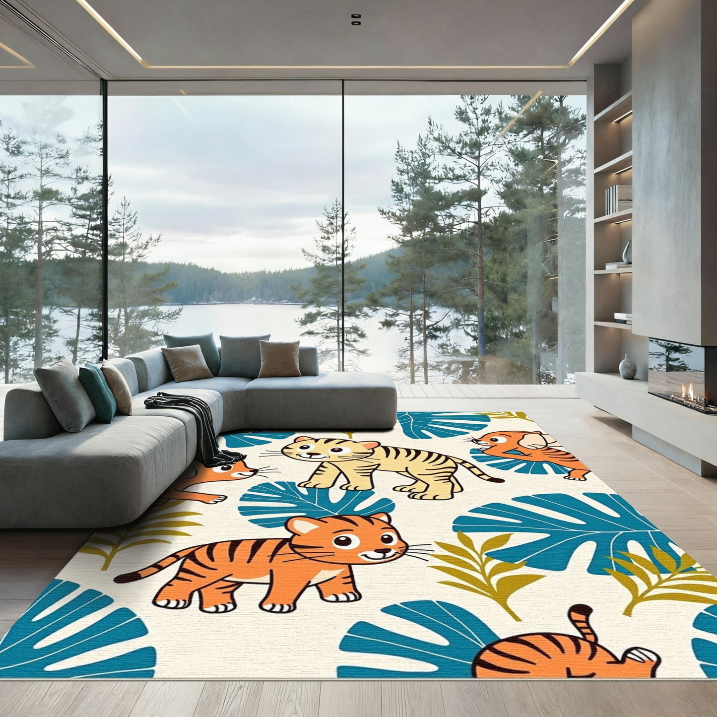 Cute Tiger Cubs Jungle Leaves Rug