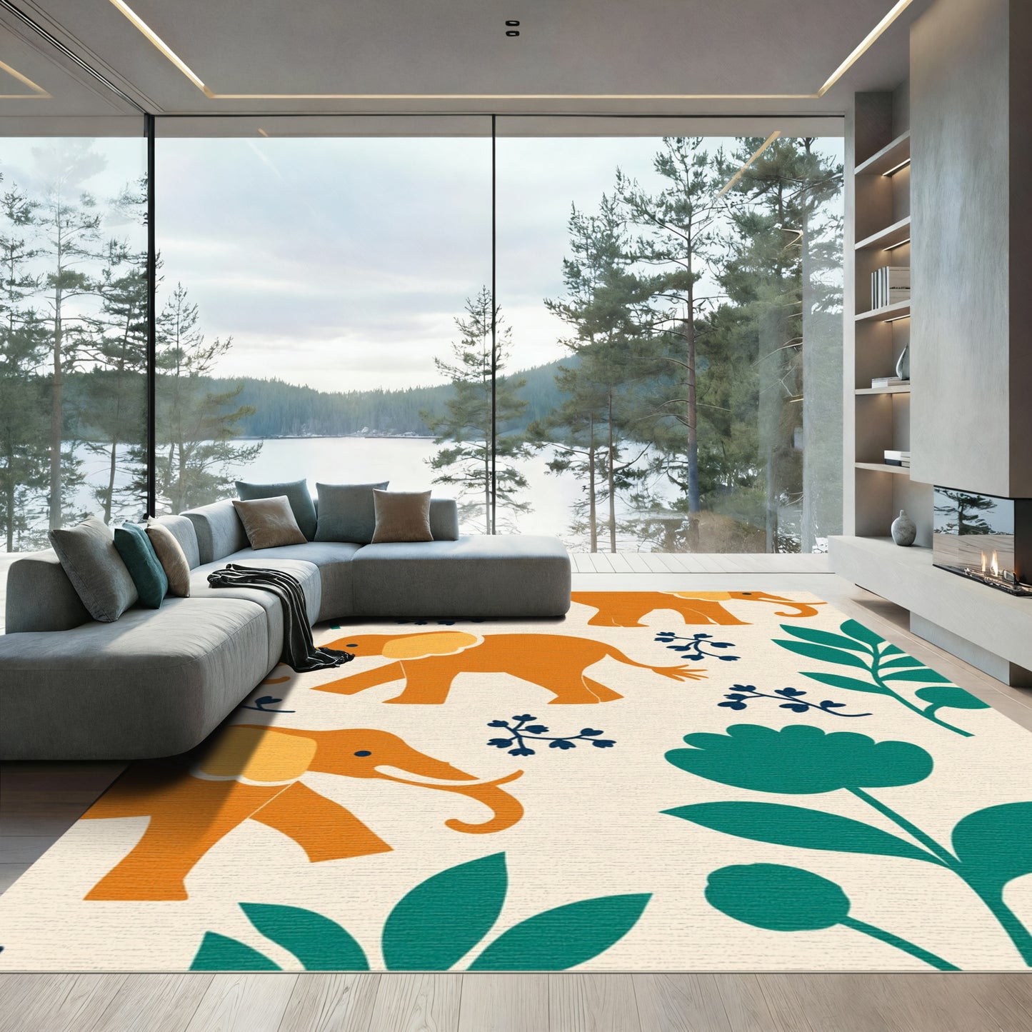 Orange Elephant Teal Foliage Cream Background Rug