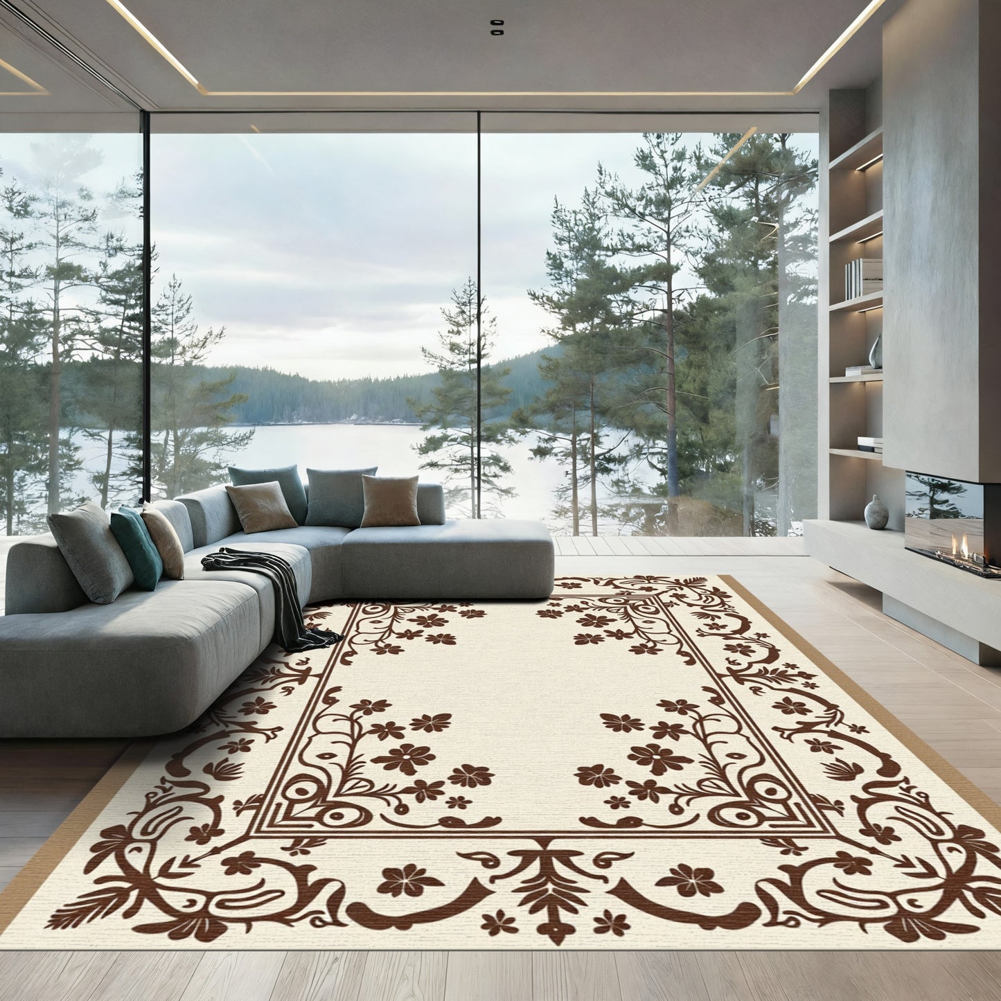 Brown Floral Ornament Square Border Rug