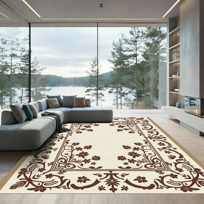 Brown Floral Ornament Square Border Rug