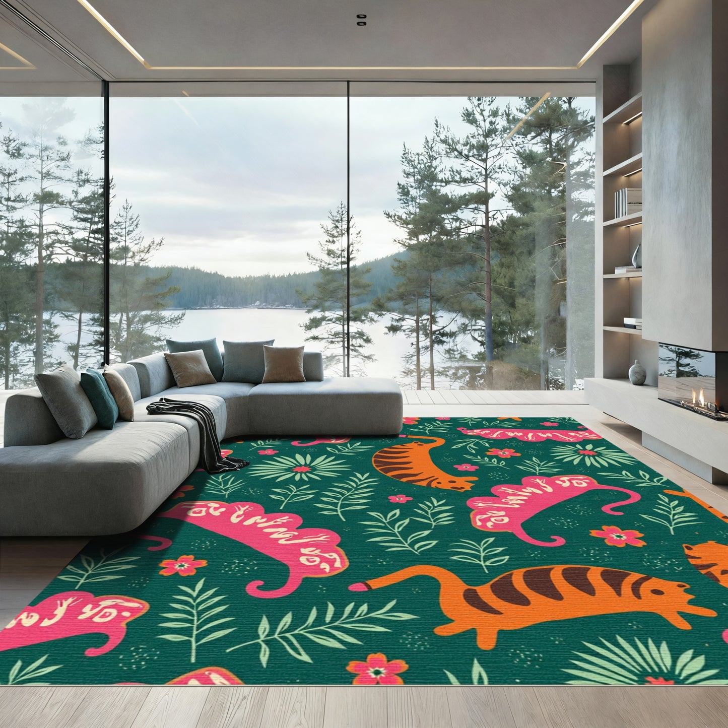 Playful Orange Tiger Floral Jungle Rug