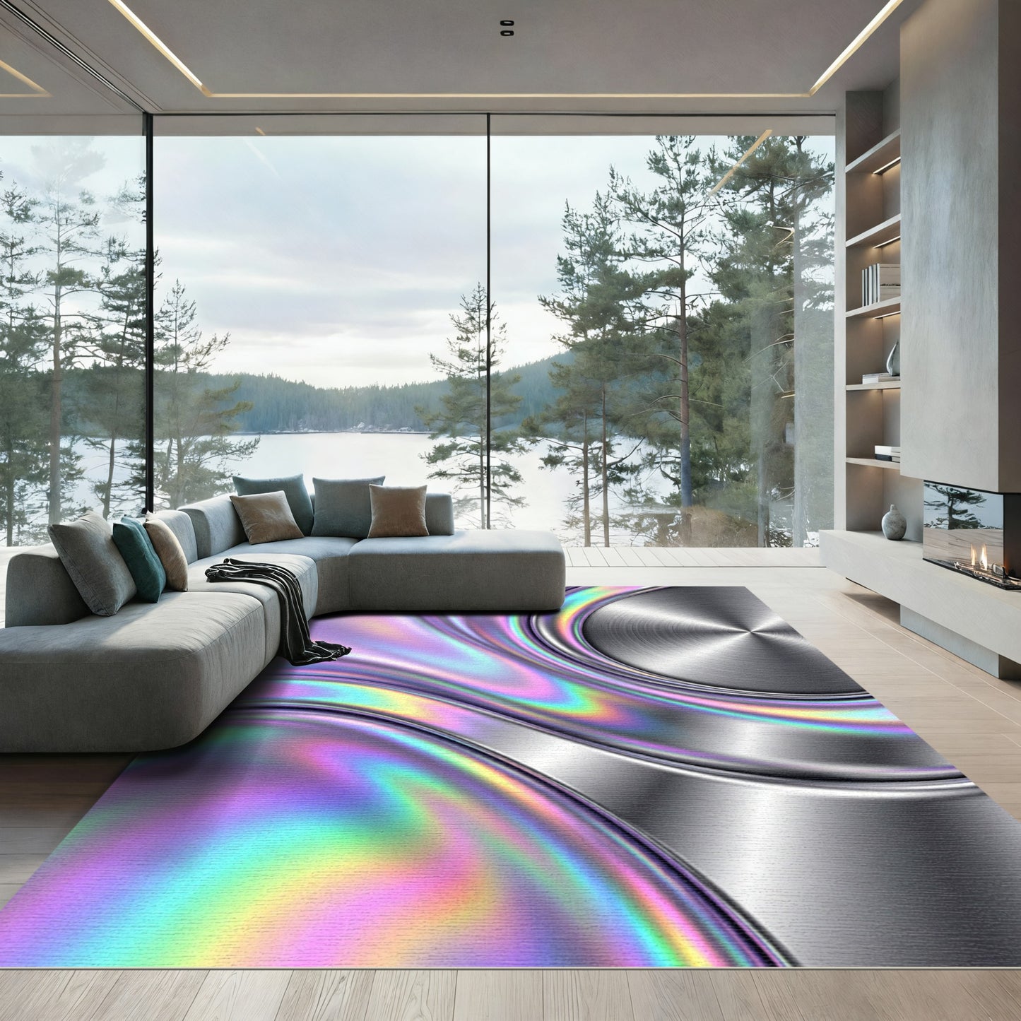 Liquid Chrome Iridescent Abstract Swirl Rug