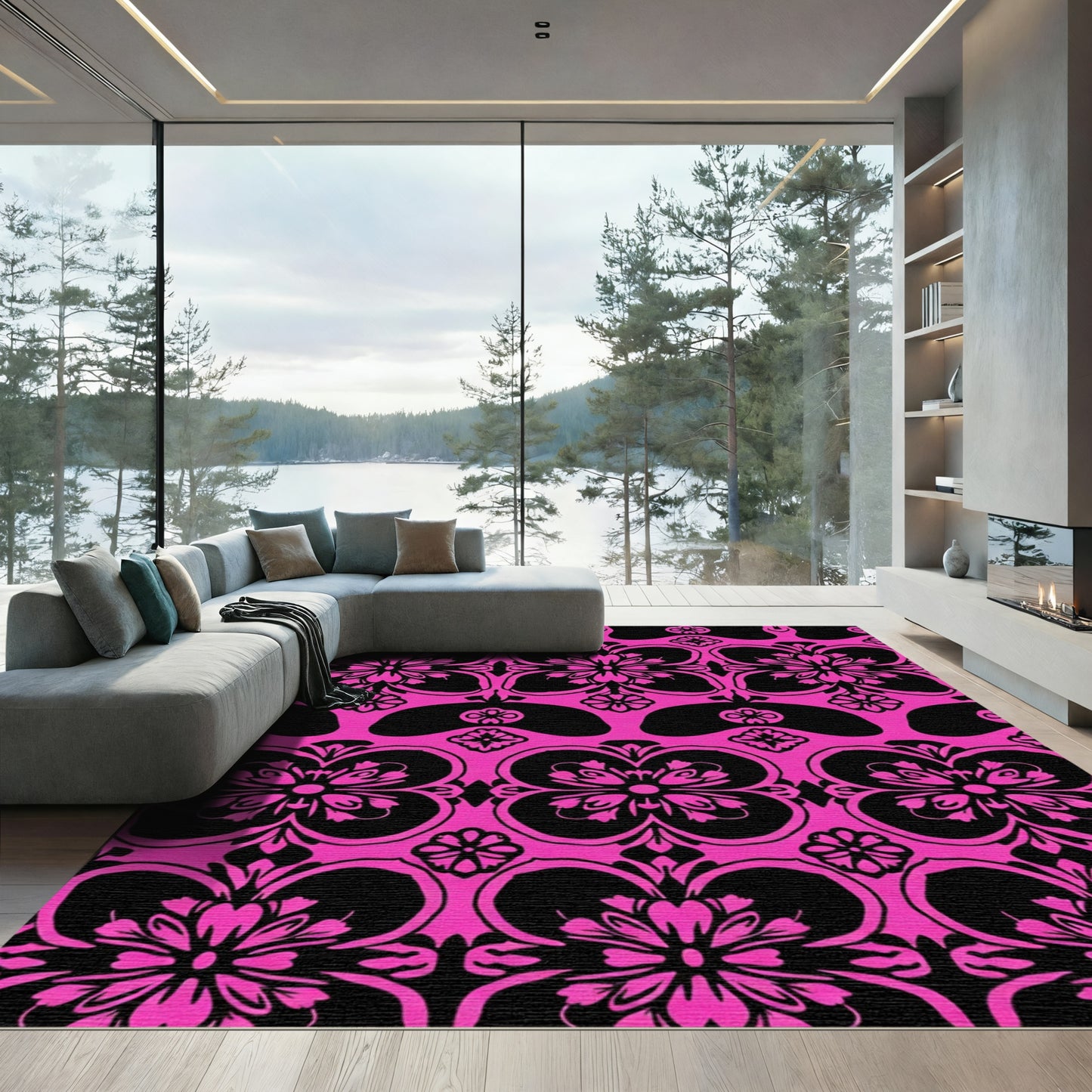 Hot Pink Damask Floral Arrangement Rug