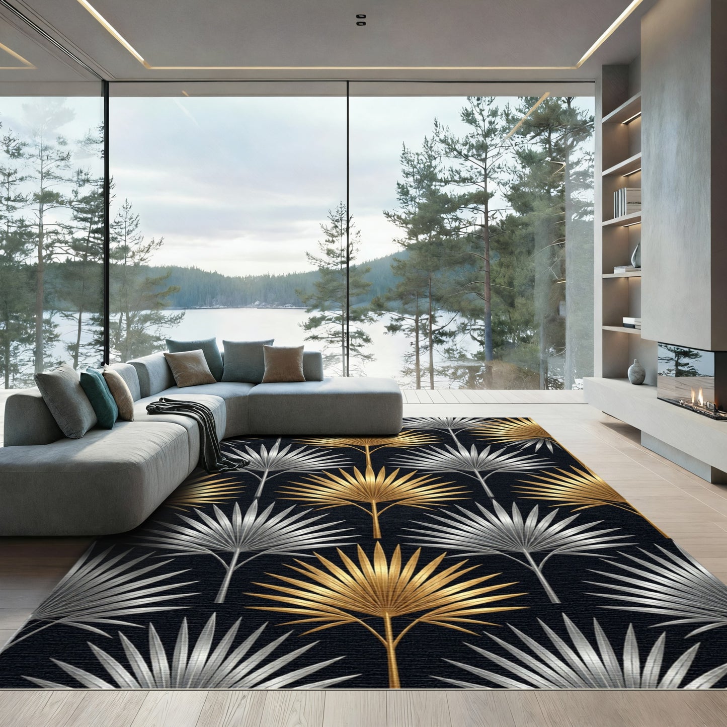 Vibrant Gold Silver Palm Frond Rug
