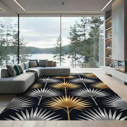 Vibrant Gold Silver Palm Frond Rug