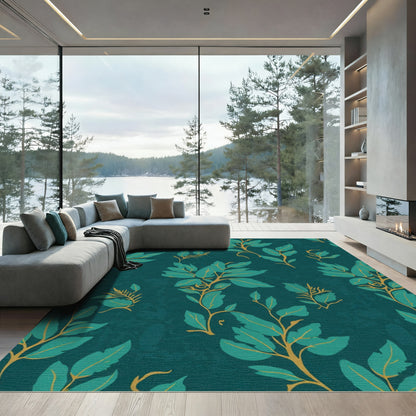 Teal And Gold Botanical Branch Rug
