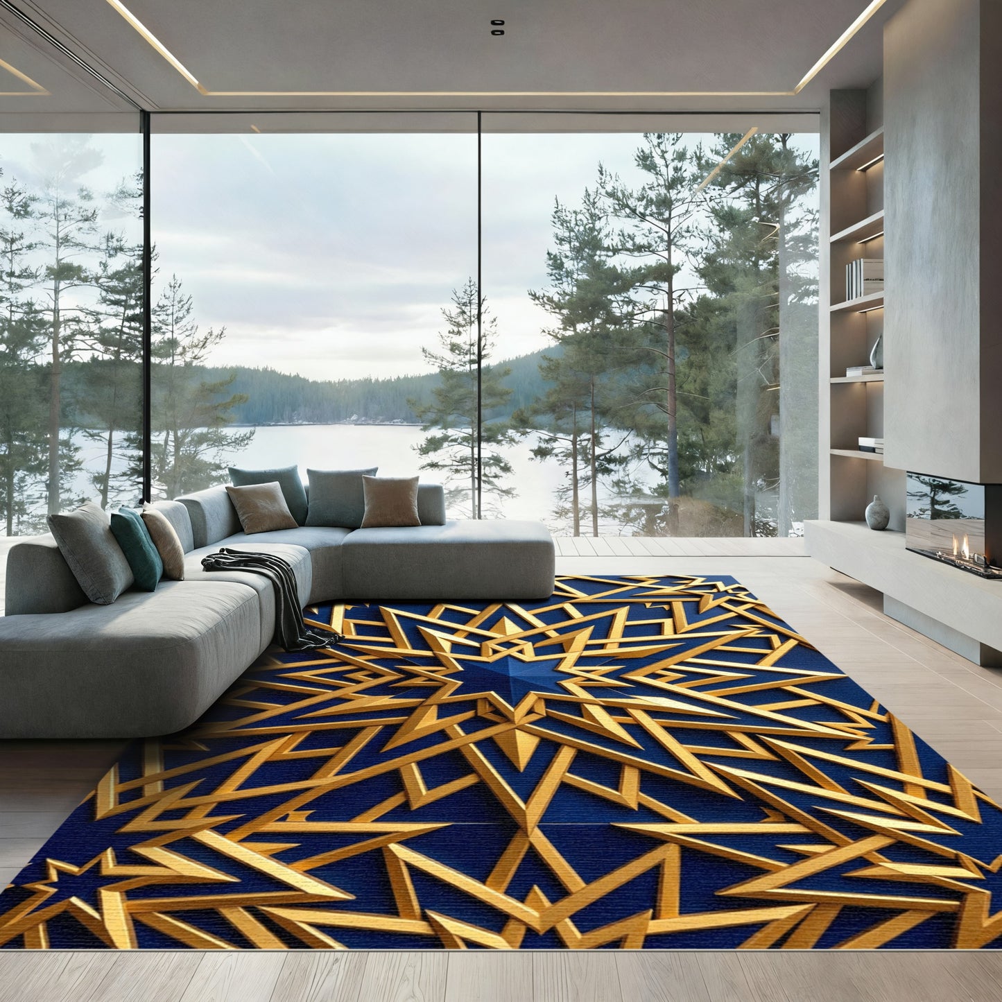 Metallic Gold Celestial Star Geometric Navy Rug