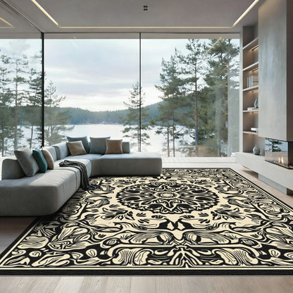 Black Beige Floral Medallion Composition Rug