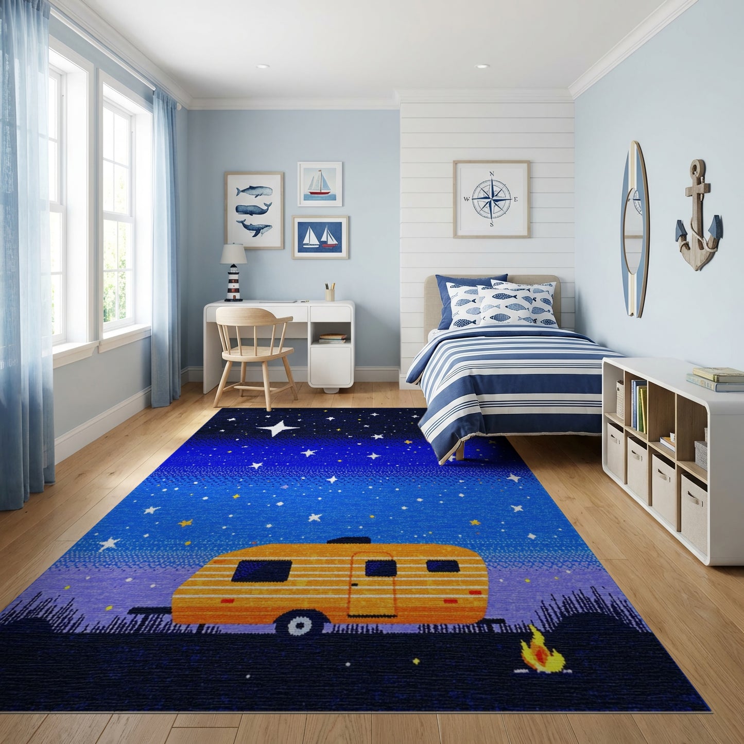 Orange Camper Starry Night Campfire Rug