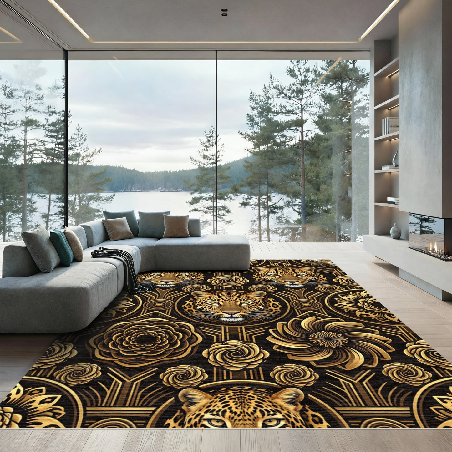Golden Leopard Art Deco Rose Medallion Rug