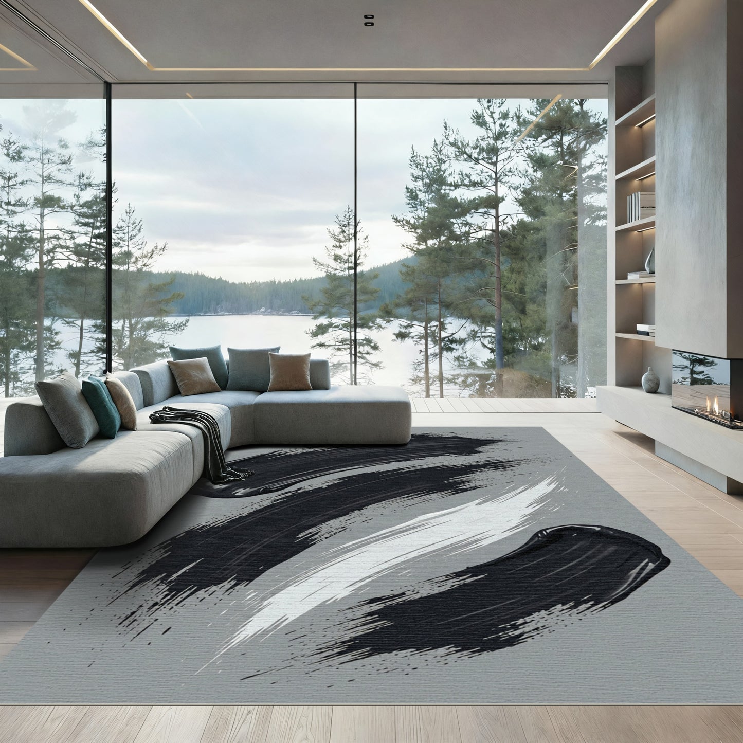 Bold Black White Swirl Strokes Rug