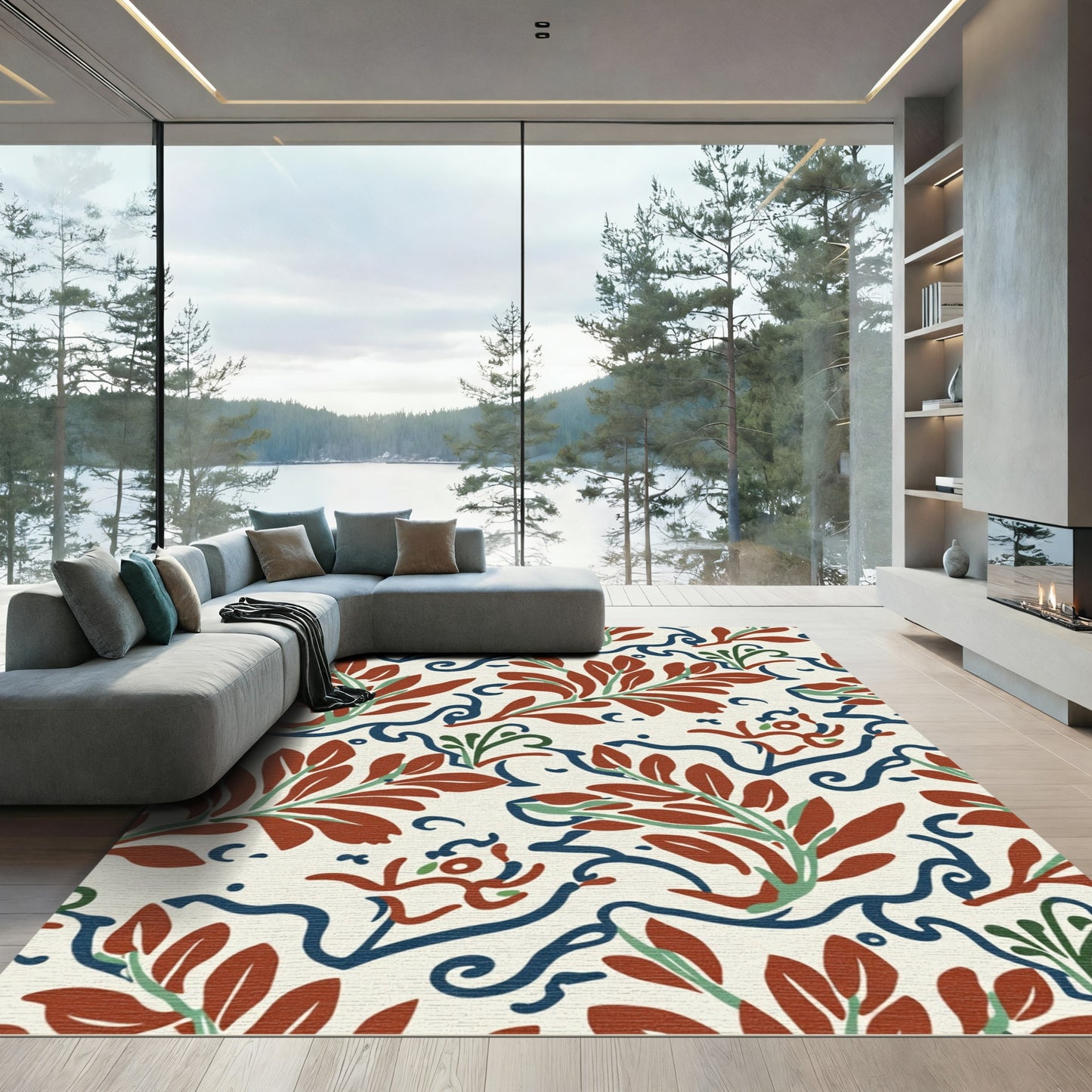 Terracotta Red Branch Swirl Composition Rug