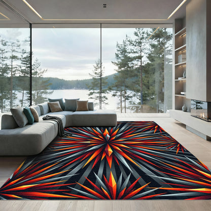 Fiery Starburst Symmetry Scarlet Rug