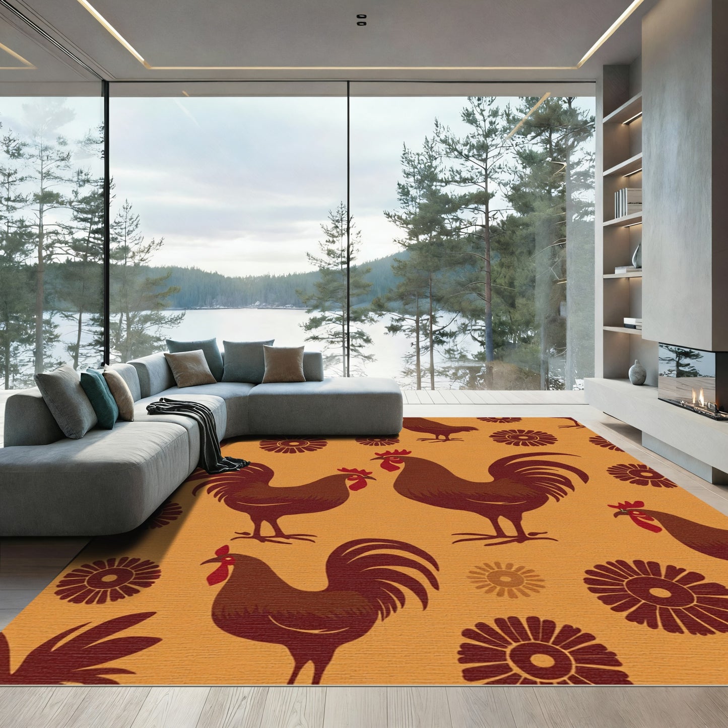 Brown Rooster Floral Charm Rug