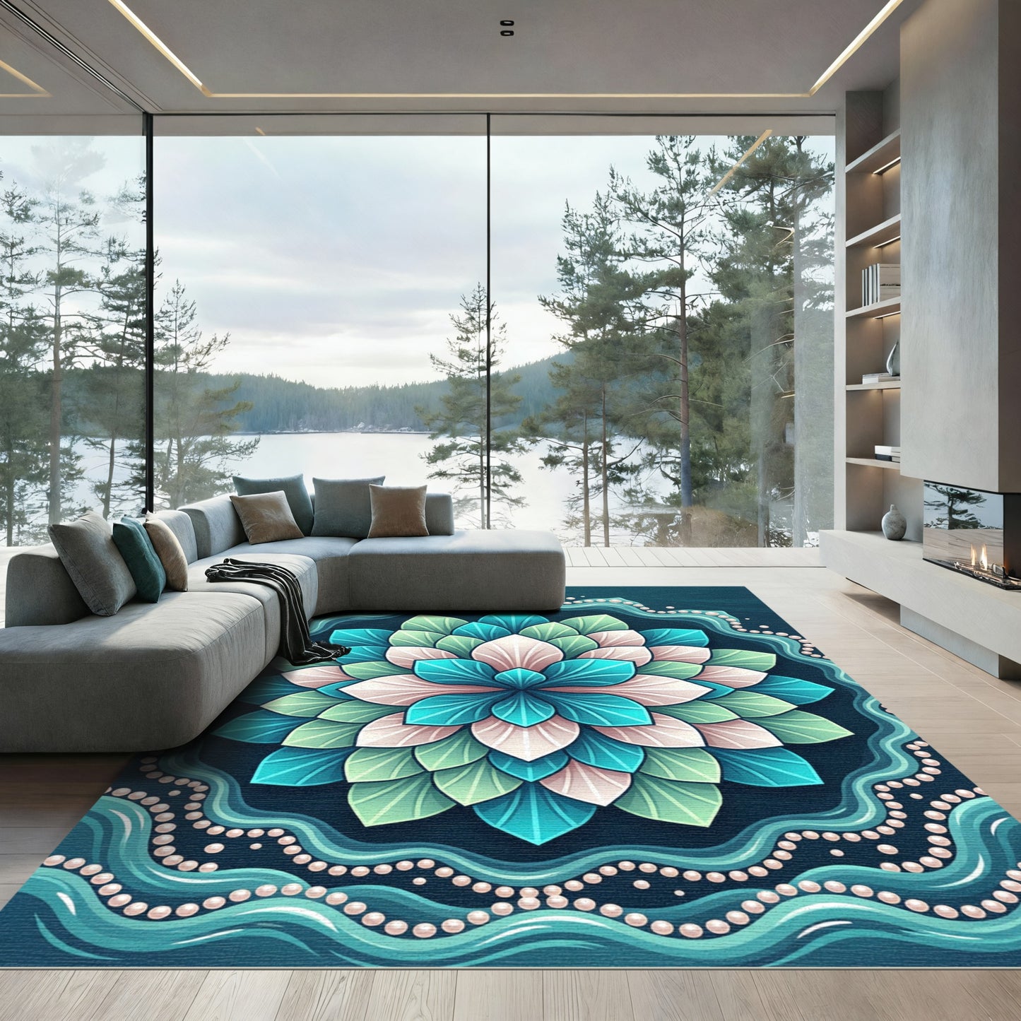Teal Floral Lotus Medallion Rug