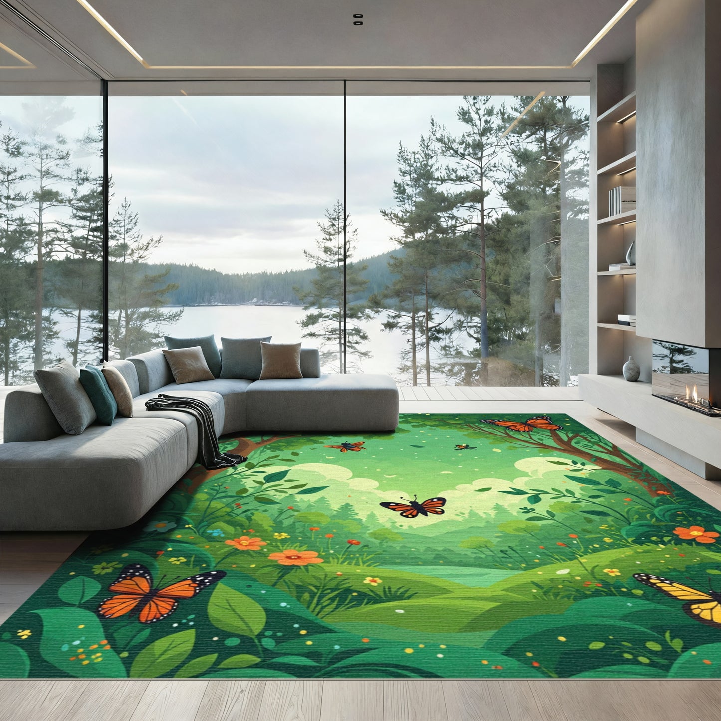 Vibrant Orange Butterfly Forest Scene Rug