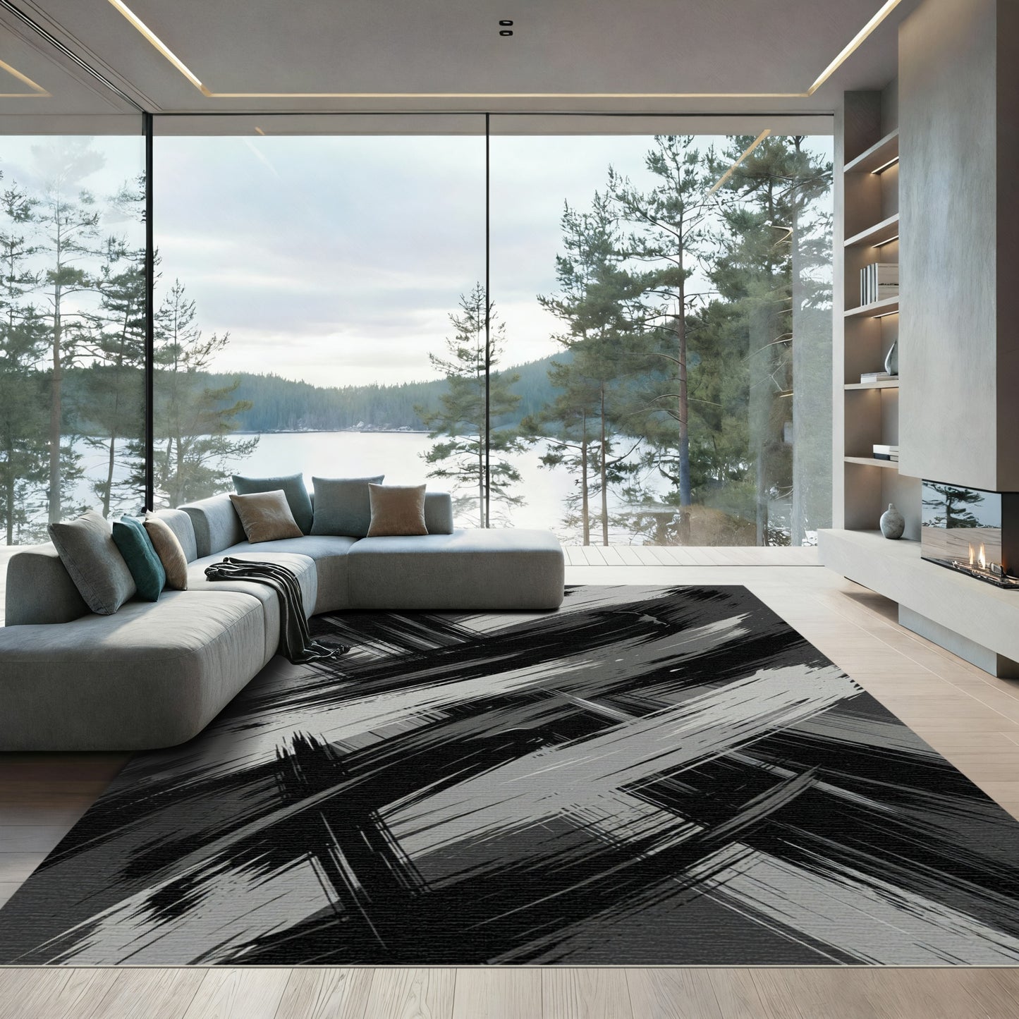 Monochromatic Abstract Brush Stroke Rug