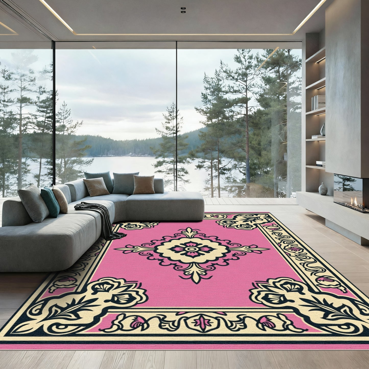 Pink Cream Floral Square Medallion Rug