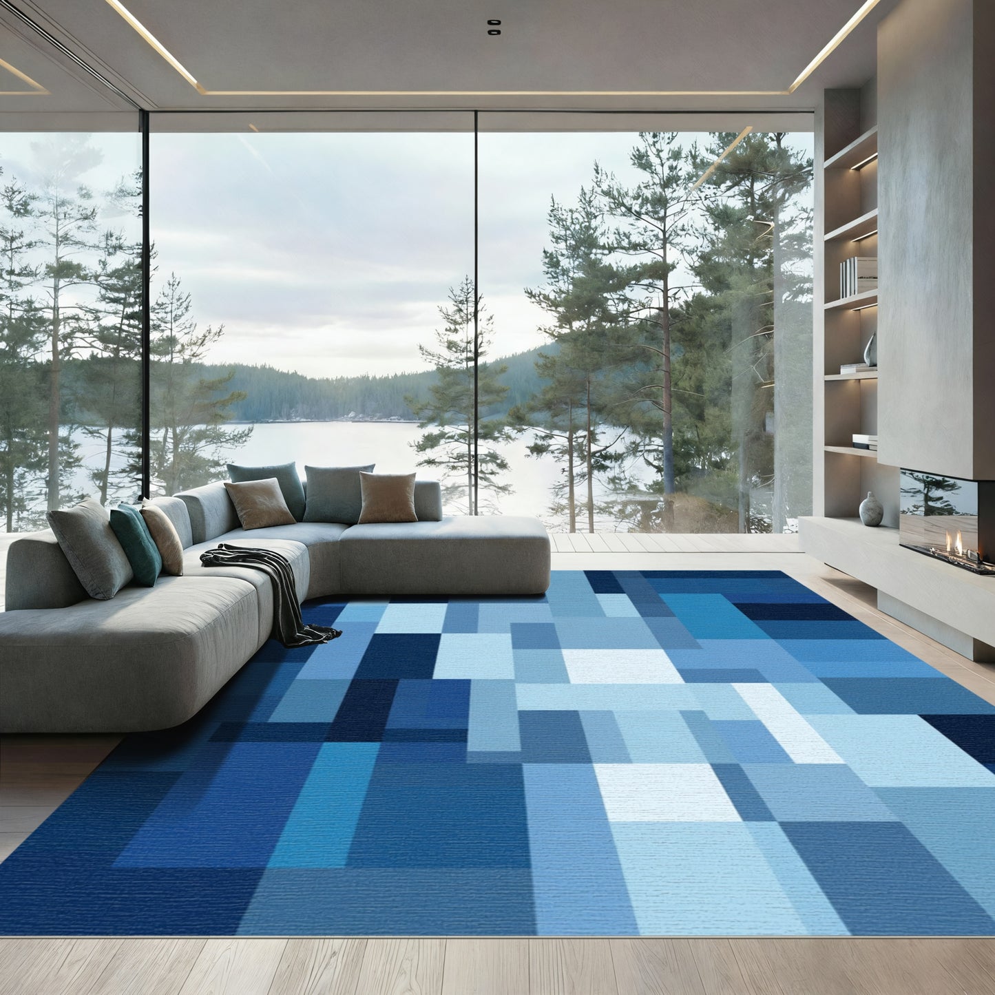 Modern Geometric Blue Blocks Rug