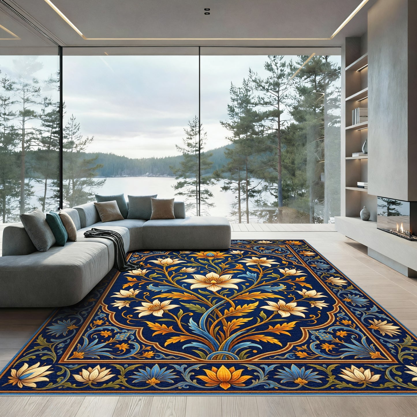 Intricate Navy Floral Blossom Medallion Rug