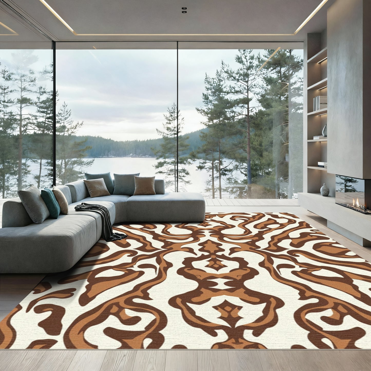Brown and Ivory Organic Swirl Damask Rug