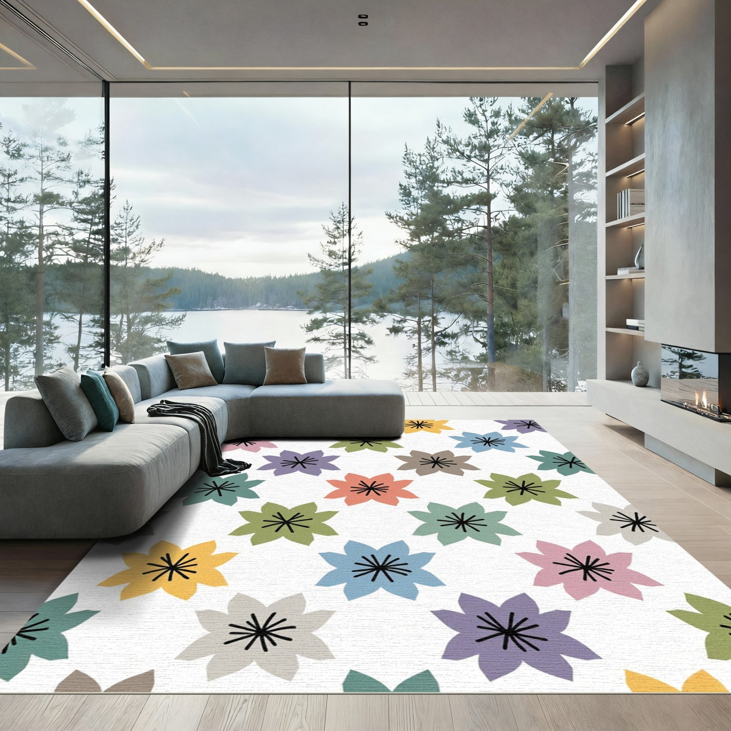 Pastel Flower Blossom Geometric Repeat Rug