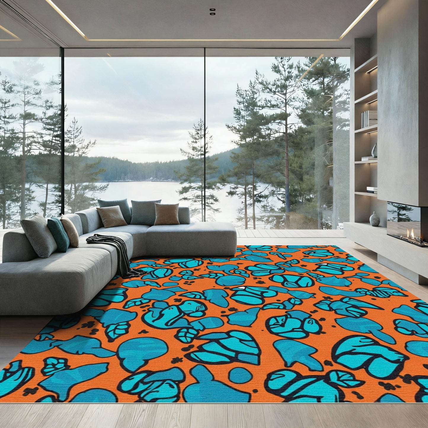Orange Teal Abstract Organic Shapes Rug
