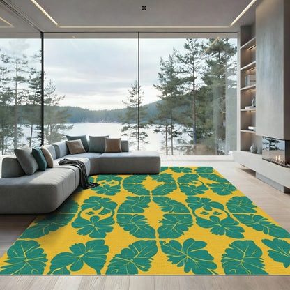 Tropical Teal Floral Garden Ochre Rug