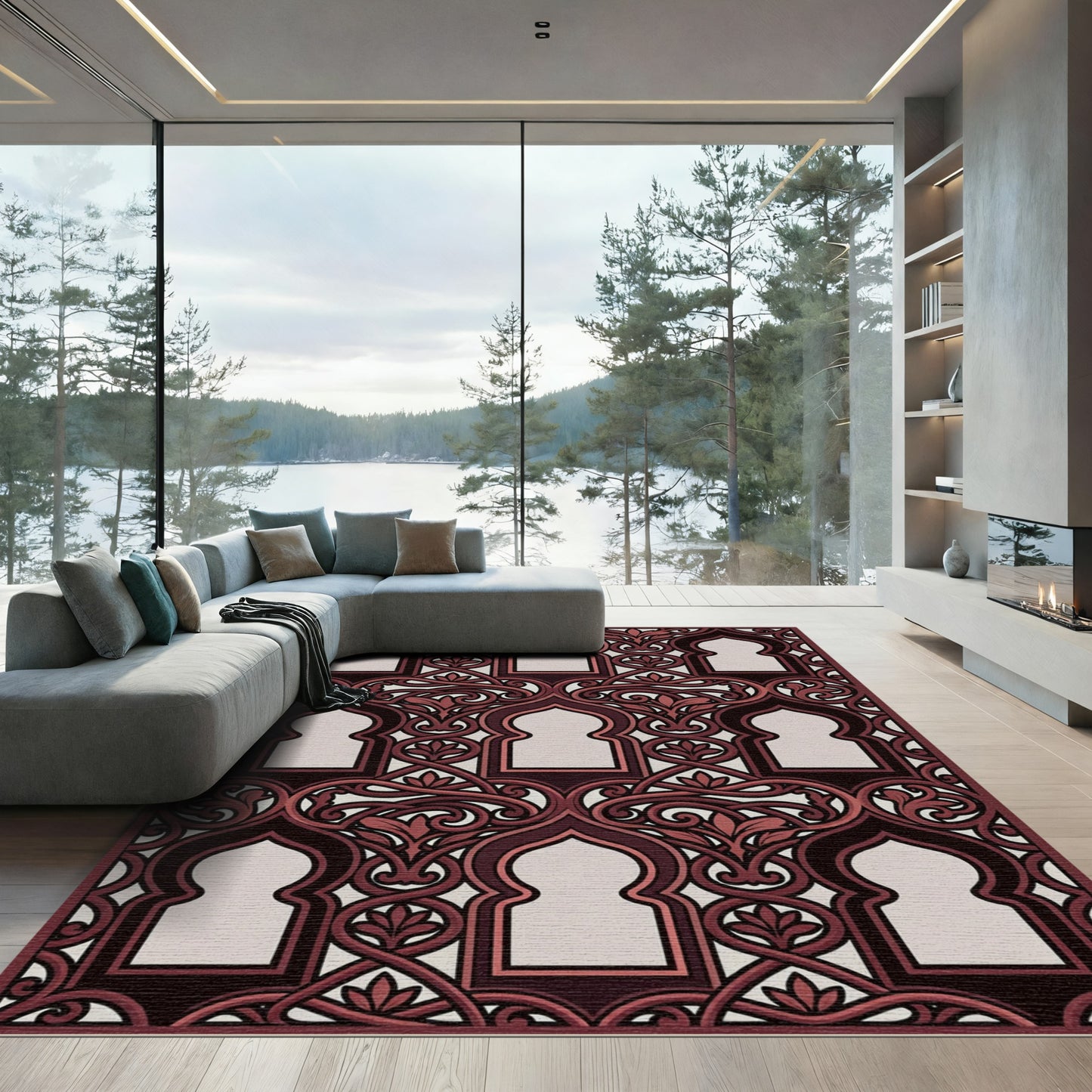 Classic Burgundy Archway Ornamental Scroll Rug