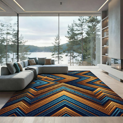Golden Geometric Chevron Metallic Sapphire Rug