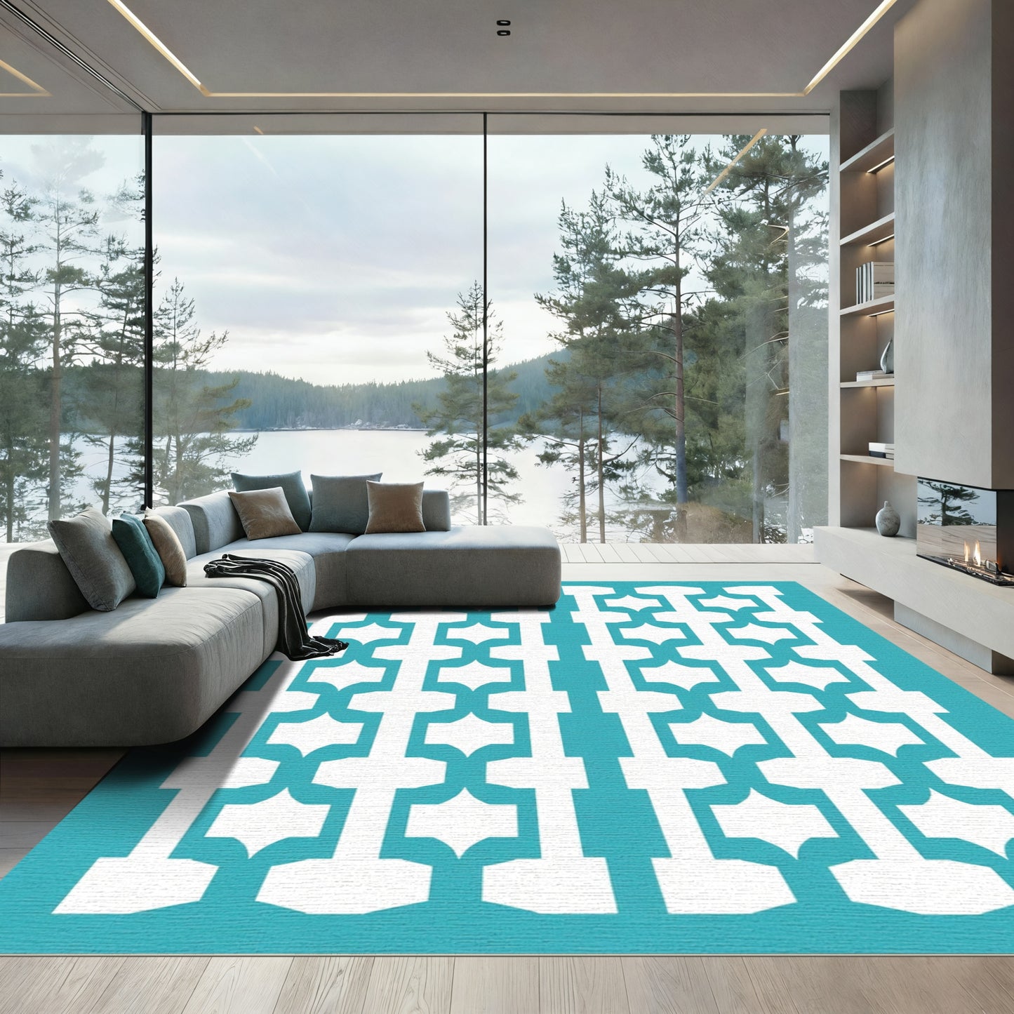 Turquoise White Geometric Chain Link Rug