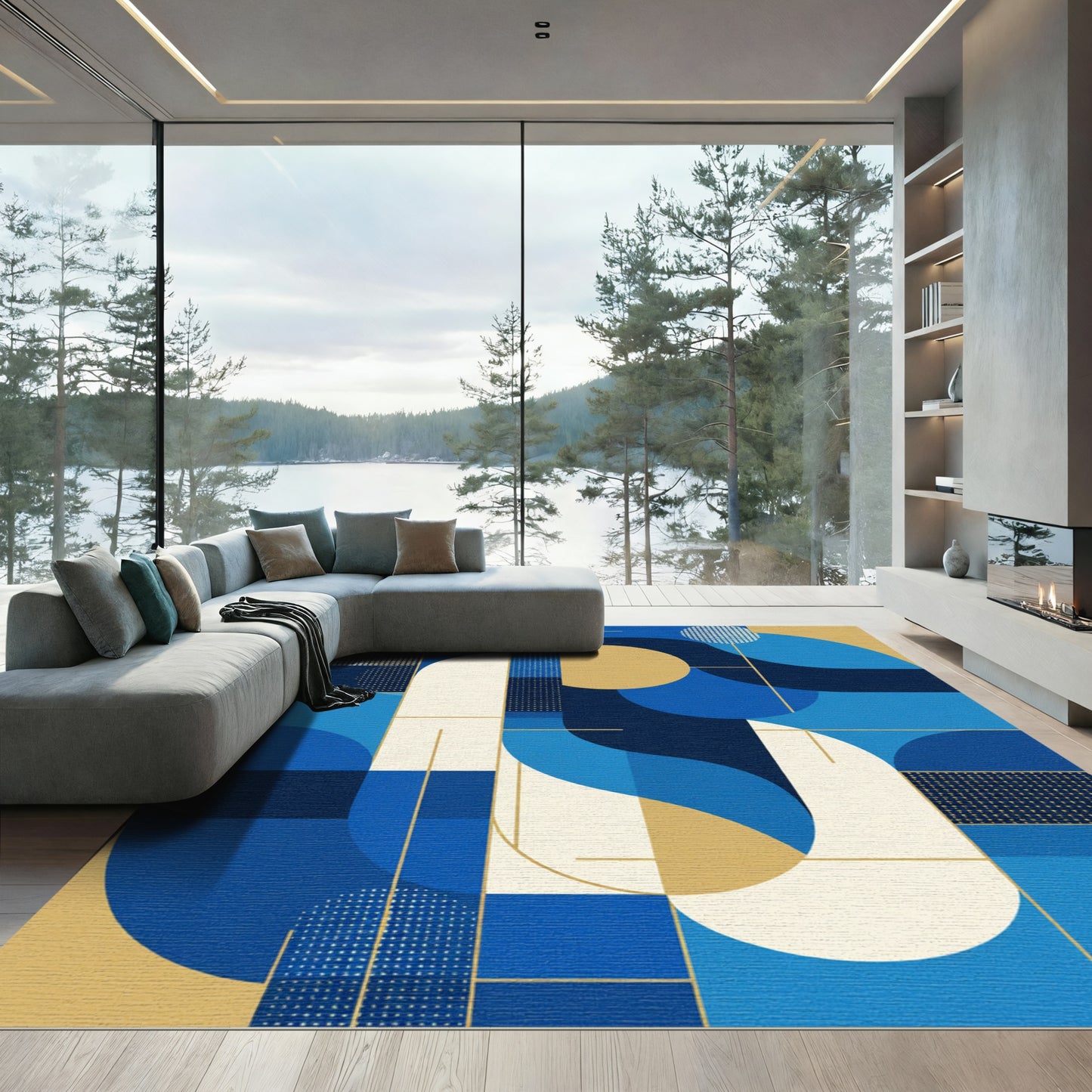 Modern Abstract Geometric Gold Blue Rug