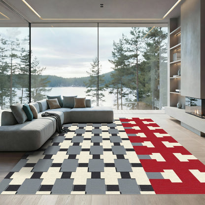 Red Gray Grid Interlock Weave Rug