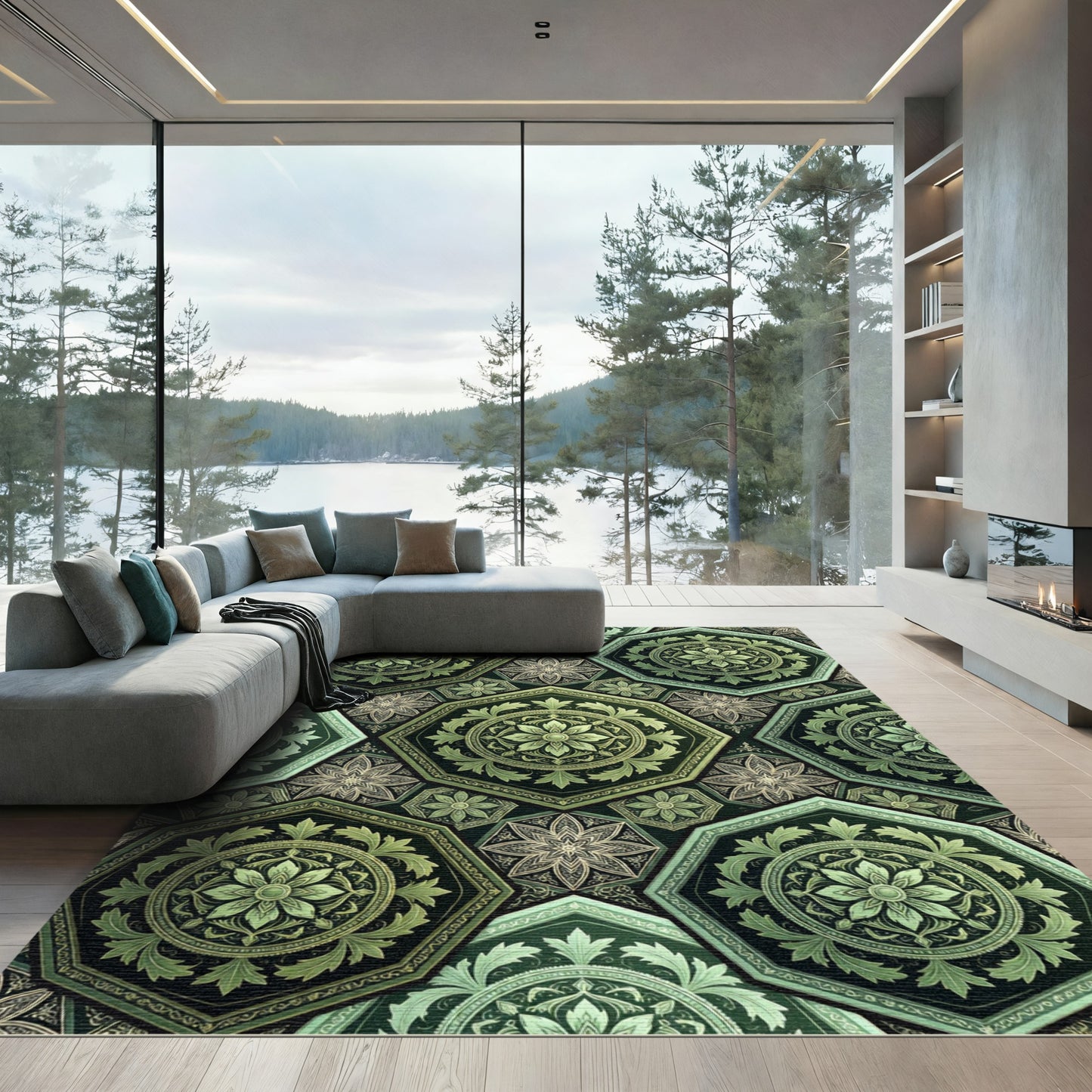 Emerald Green Octagon Floral Mosaic Rug
