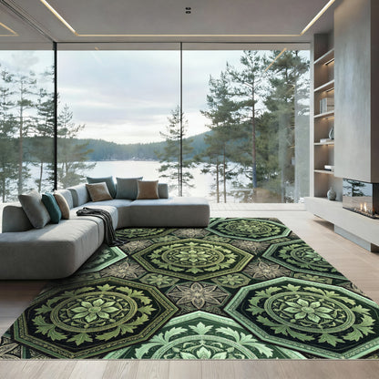 Emerald Green Octagon Floral Mosaic Rug