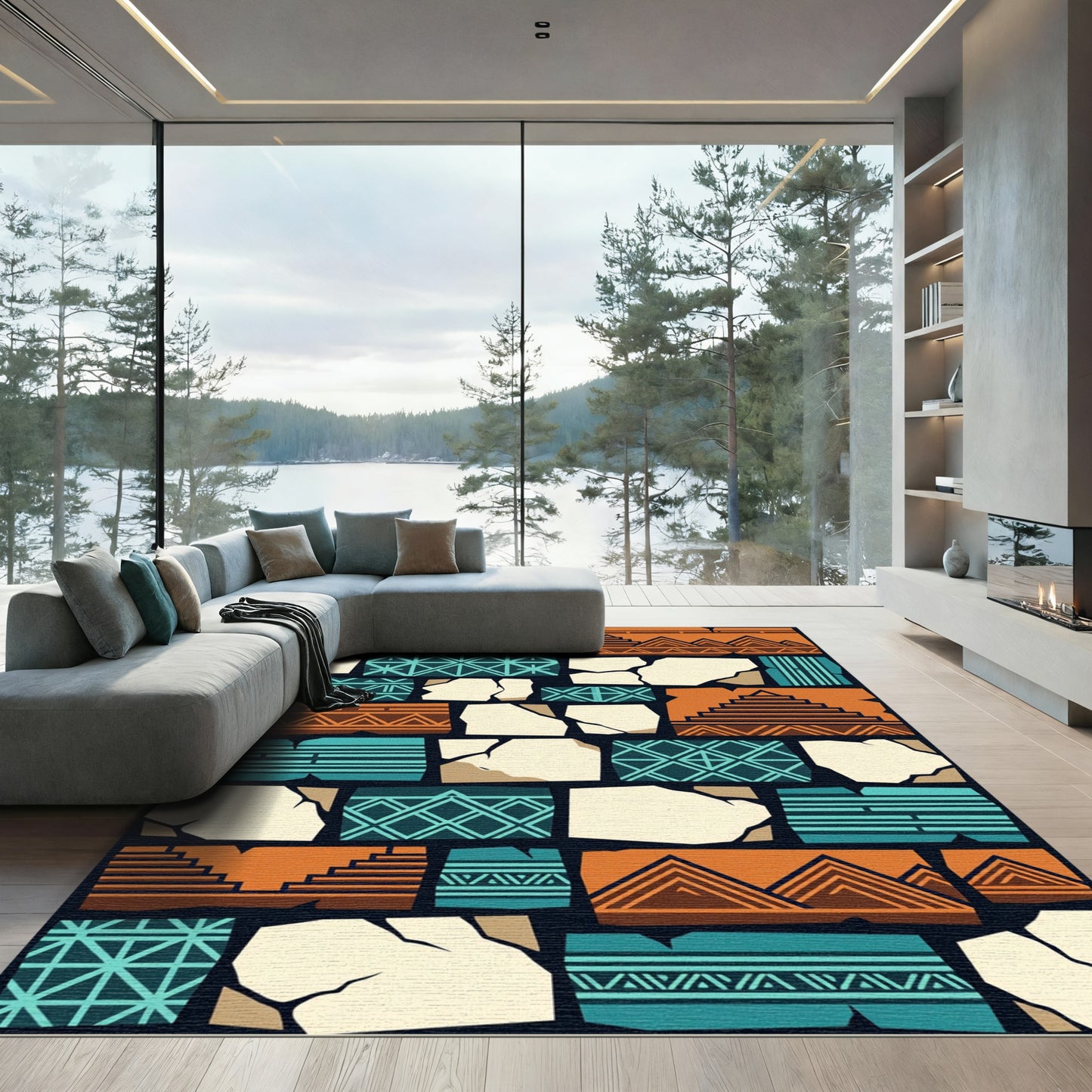 Geometric Terracotta and Teal Aztec Mosaic Rug